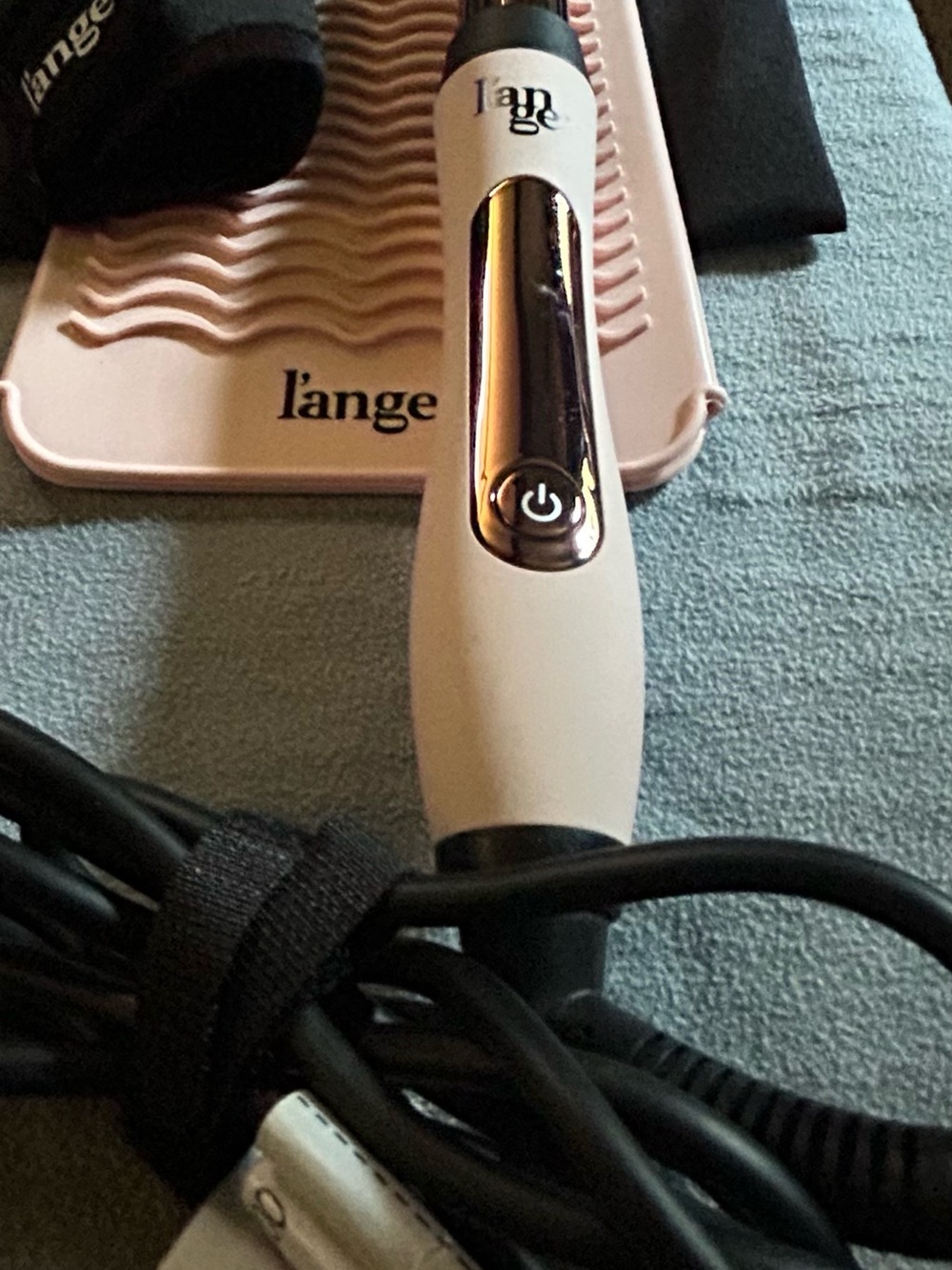 Lange White and Pink Styling Iron with Heat Mat